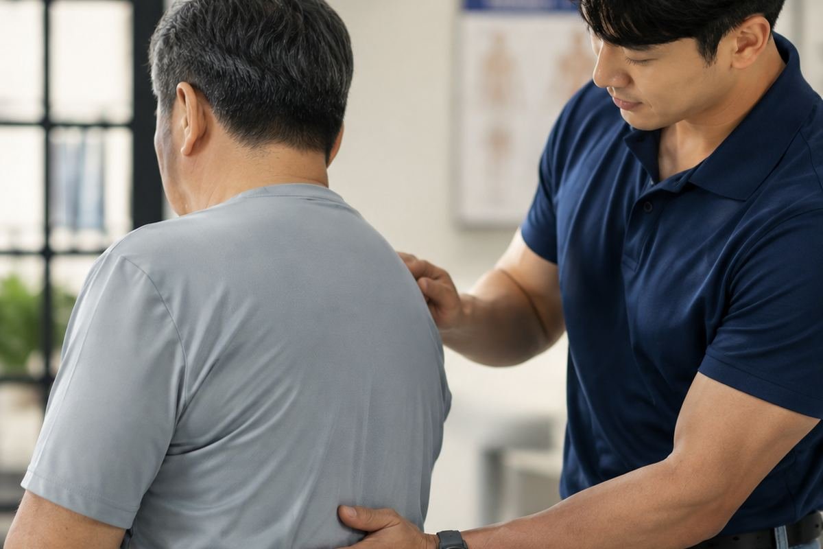 제주 허리통증·허리디스크 — 허리 통증 환자 진찰 모습