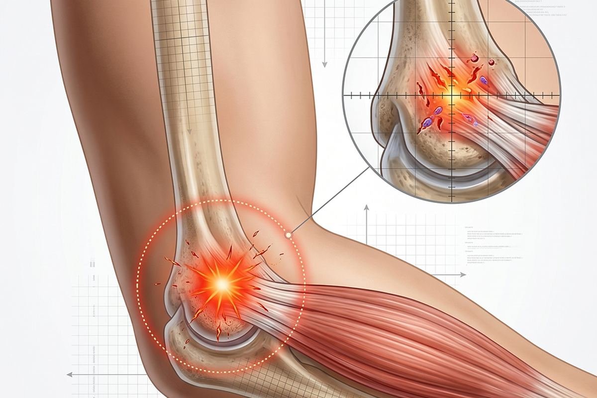 제주 팔꿈치통증·테니스엘보·골프엘보 — 팔꿈치 힘줄 부착부 일러스트