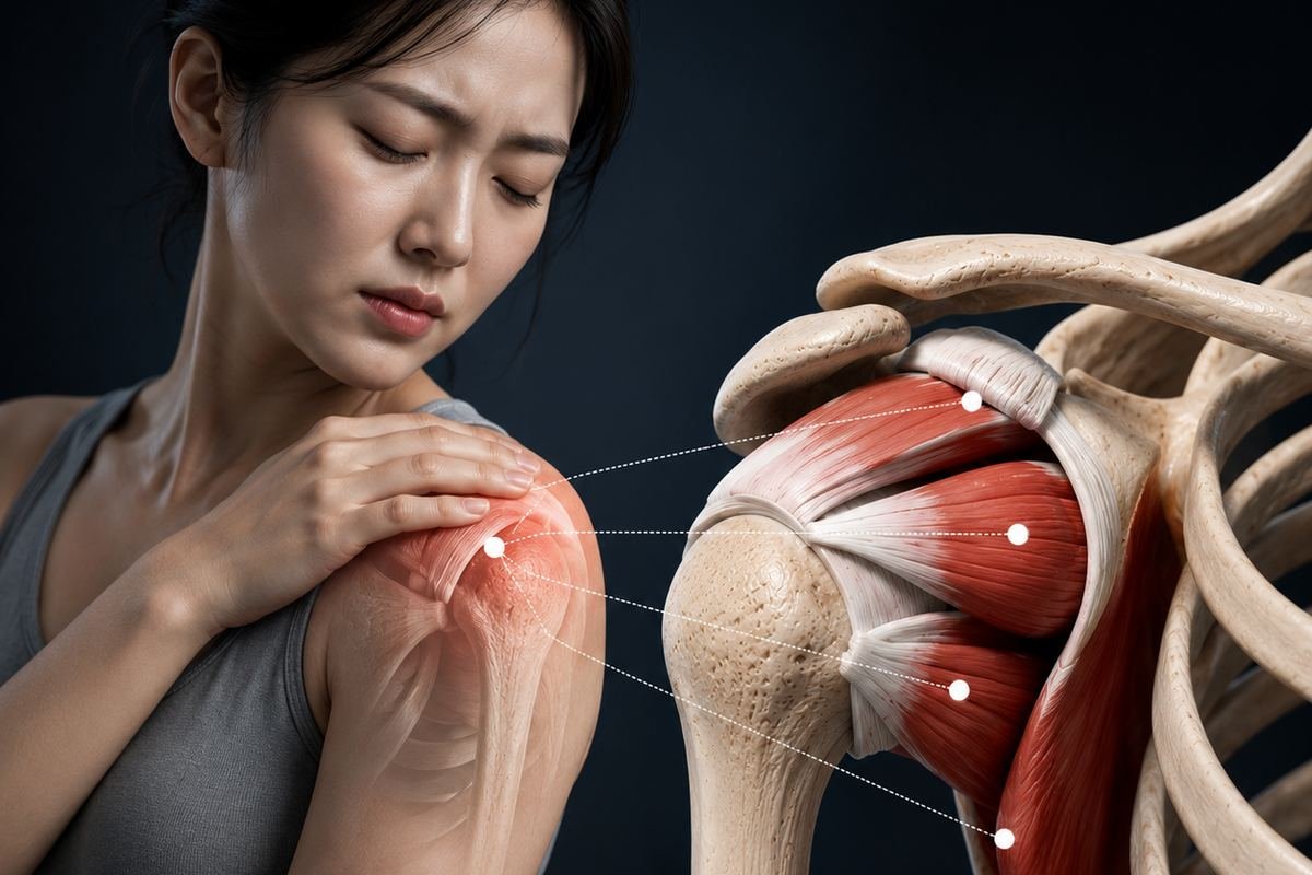 제주 어깨통증·오십견·회전근개 질환 — 어깨 통증과 회전근개 구조 일러스트